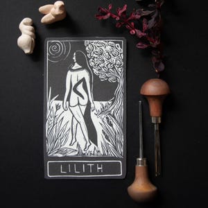 Lilith, Hebrew Goddess, the first woman,  Goddess guidance oracle card, handmade linocut art, eco-friendly gifts.