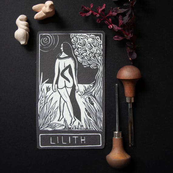 Lilith, dark Goddess worship,  the first woman | Goddess guidance oracle card, handmade linocut art, eco-friendly gifts.
