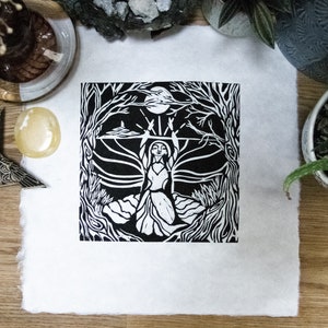Morgana Le Fay, High Priestess art |  Original Linocut Print | Avalon myths