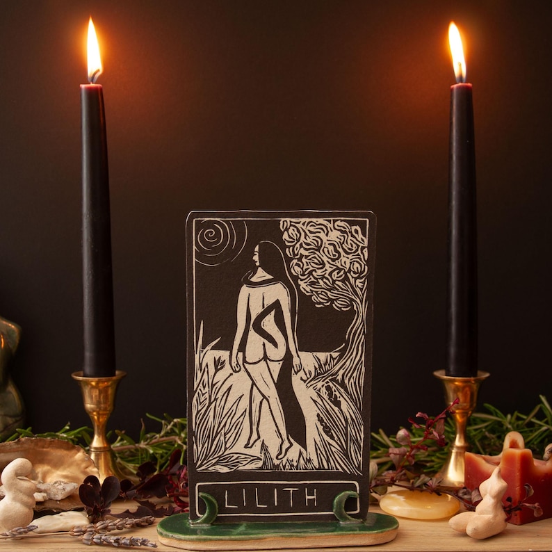 Lilith, Hebrew Goddess, the first woman,  Goddess guidance oracle card, handmade linocut art, eco-friendly gifts.