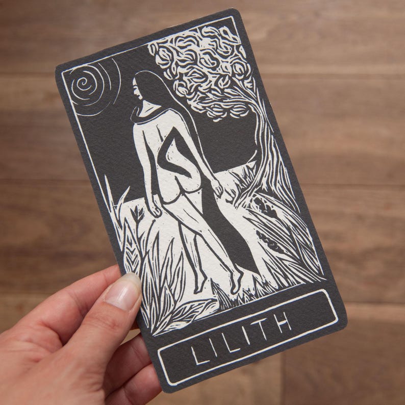 Lilith, Hebrew Goddess, the first woman,  Goddess guidance oracle card, handmade linocut art, eco-friendly gifts.