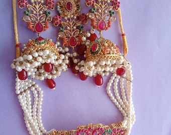 Pakistani navratan necklace set: Premium Quality, Indian jewelry, Pakistani jewelry, nauratan jewellery, noratan jhumka with tikka