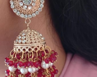 Red Gold Jhumka Earrings, South Indian Jewelry, Cluster Pearl Jhumka, heavy Jhumka, Gold Jhumka, Bollywood Earrings,Kemp Jhumka