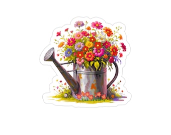 Floral Watering Can Sticker: Waterproof Vinyl Decal for Laptop, Car, Garden