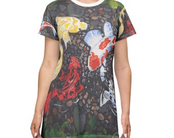 Koi Fish T-Shirt Dress: Colorful Artistic Print, Summer Outfit, koi fish painting inspired t-shirt for girls, fish lovers