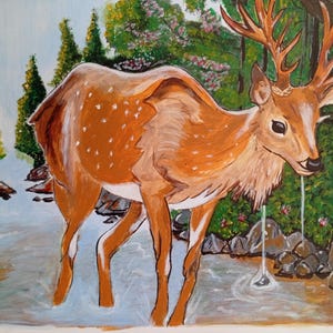 森の中の鹿のオリジナル絵画、鹿のペア、野生動物の絵画、リアリズムの