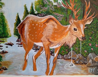 Retrato de ciervo, pintura acrílica sobre hoja, ciervo pintado a mano, arte original de vida silvestre
