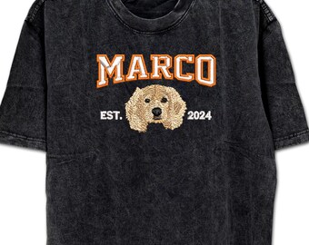 Dog embroidered tshirt, Custom Dog Face Embroidered Tee From Photo, Pet Lovers Gift, High Quality, Mineral Washed Distressed Tee