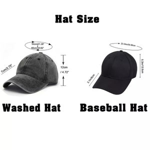 May include: Two hats, a washed hat and a baseball hat, are shown with measurements in inches and centimeters. The washed hat is gray and the baseball hat is black.
