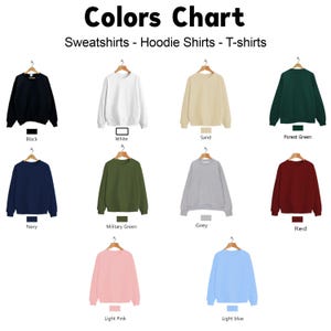 K&ouml;nnte beinhalten: Farbkarte mit 10 verschiedenen Sweatshirt-Farben: Schwarz, Wei&szlig;, Sand, Waldgr&uuml;n, Marineblau, Milit&auml;rgr&uuml;n, Grau, Rot, Hellrosa und Hellblau.