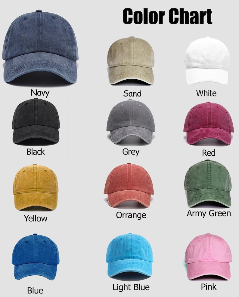 May include: A color chart displaying twelve baseball caps in various colors including navy, sand, white, black, grey, red, yellow, orange, army green, blue, light blue, and pink. Each cap features a six-panel design with a curved brim.
