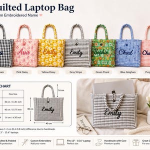 Könnte beinhalten: Eine Auswahl von sieben gesteppten Laptoptaschen in verschiedenen Mustern wie Vichy, Blumen und Streifen, jeweils mit individueller Stickerei. Eine Größentabelle zeigt eine Höhe von 30 cm und eine Breite von 40 cm an.