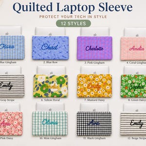 Quilted Laptop Sleeve with Zipper, Personalized Laptop Case, Padded Laptop Bag, Cute Gingham Laptop Cover, MacBook Sleeve Gift