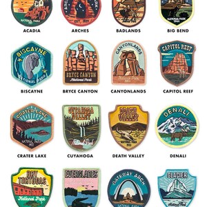 May include: A collection of colorful embroidered patches featuring the names and logos of various US National Parks. The patches are arranged in a grid of 10 rows and 4 columns. Each patch features a unique design representing the park it represents.
