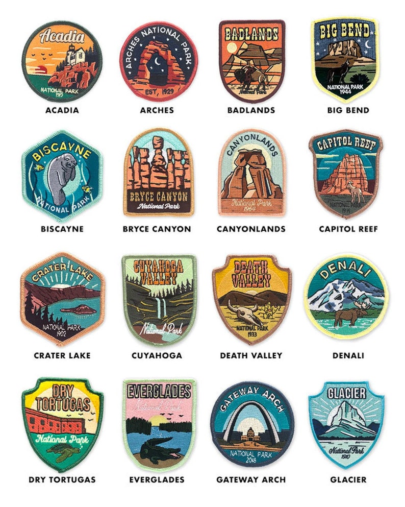 May include: A collection of colorful embroidered patches featuring the names and logos of various US National Parks. The patches are arranged in a grid of 10 rows and 4 columns. Each patch features a unique design representing the park it represents.