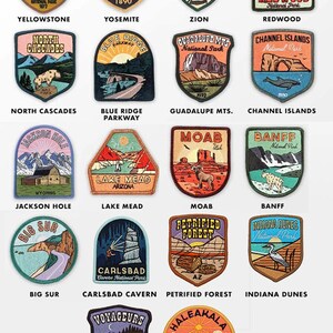 May include: A collection of colorful embroidered patches featuring various national parks in the United States. Each patch depicts a unique landscape, animal, or landmark from the park, such as a bison, a mountain range, or a redwood tree. The patches are perfect for adding a touch of nature to backpacks, jackets, or other items.