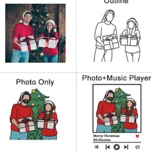 May include: A digital illustration of a couple standing in front of a Christmas tree, holding wrapped gifts. The illustration is available in three styles: a photo only, an outline, and a photo with a music player. The music player shows the song "Merry Christmas" by Ed Sheeran.
