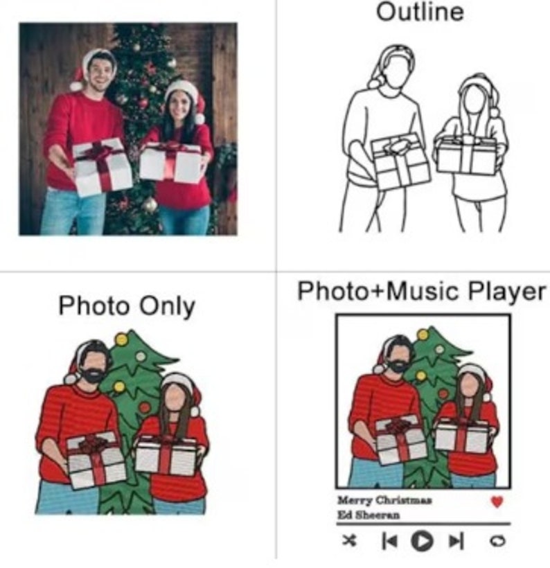 May include: A digital illustration of a couple standing in front of a Christmas tree, holding wrapped gifts. The illustration is available in three styles: a photo only, an outline, and a photo with a music player. The music player shows the song "Merry Christmas" by Ed Sheeran.