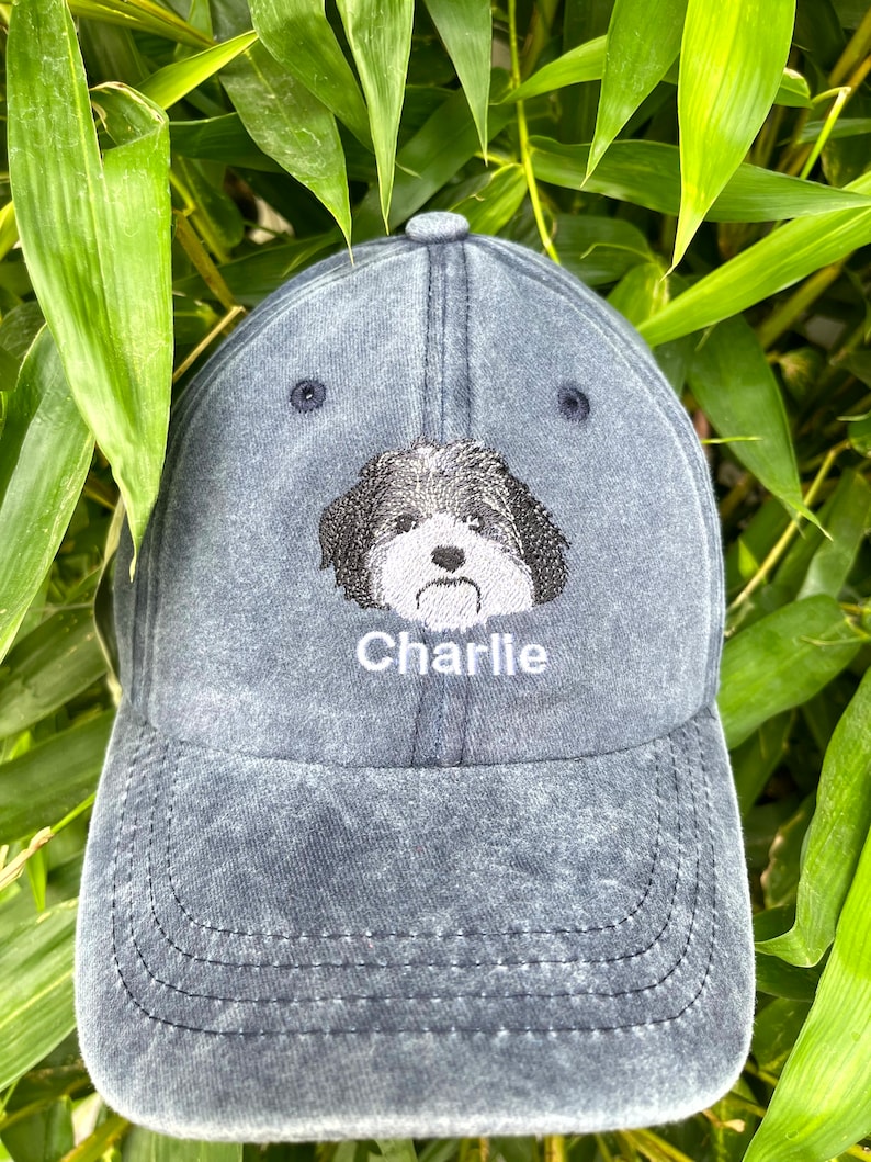 Pode incluir: Um bon&eacute; de beisebol de denim azul escuro com uma imagem bordada de um c&atilde;o e o nome "Charlie" bordado em fio branco.