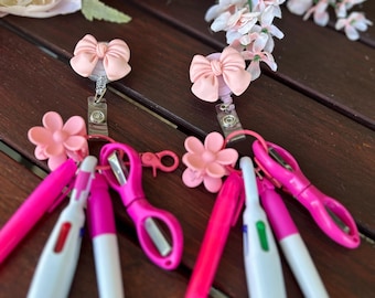 Floral or Coquette Badge Reel Set: Nurse Keychain with Pen, Marker, and Scissor