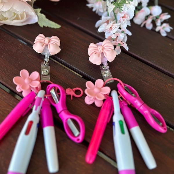 Floral or Coquette Badge Reel Set: Nurse Keychain with Pen, Marker, and Scissor