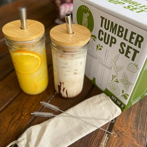 Tumbler Cup Set with Bamboo Lid and Straws 24oz (Set of 2), Tumbler for Iced Coffee, smoothie, bubble tea, Fruit Cocktail, and More