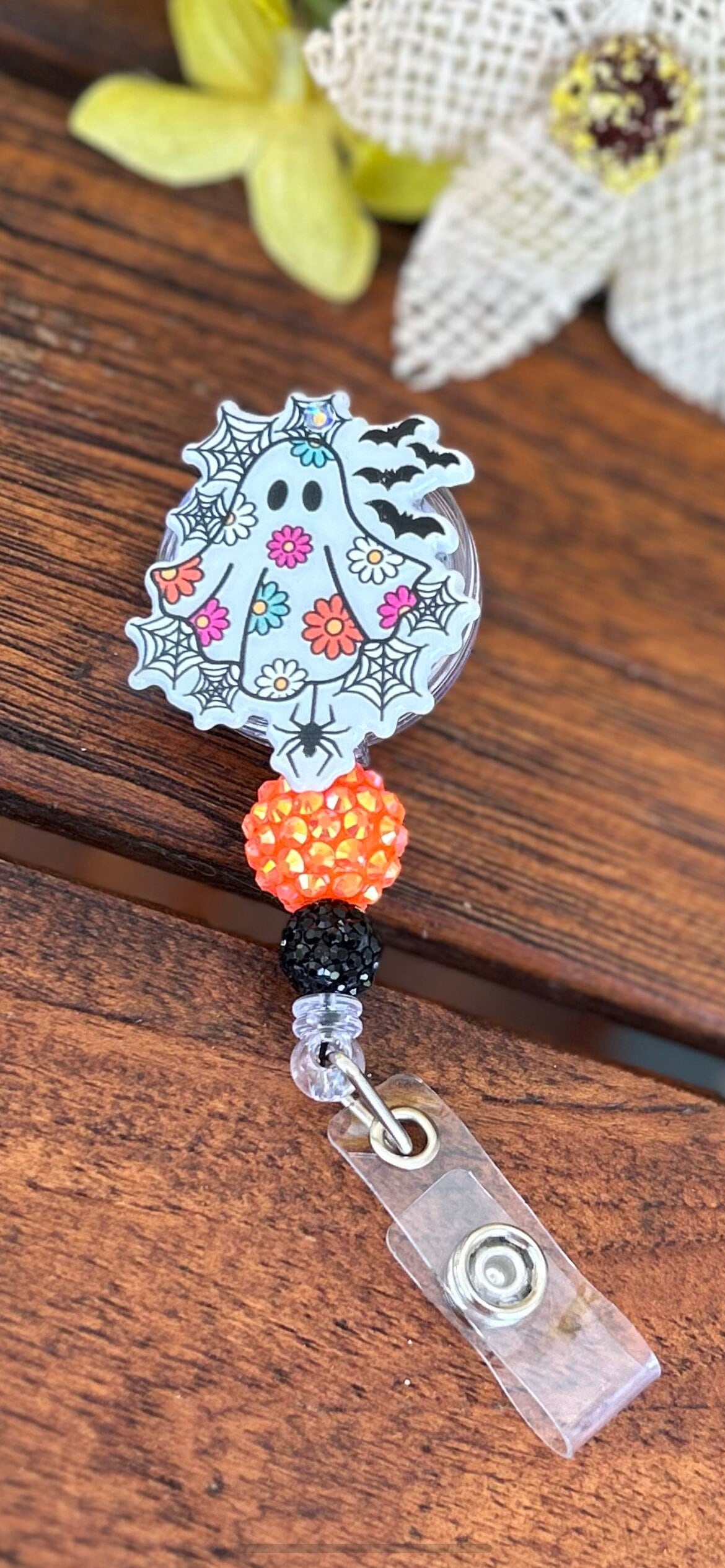 Cute Floral Ghost Badge Reel, ID Holder, Spooky Halloween Badge Reel, Cute Seasonal Accessories, Badge Reels for RNs, CNA, Doctors, Teacher
