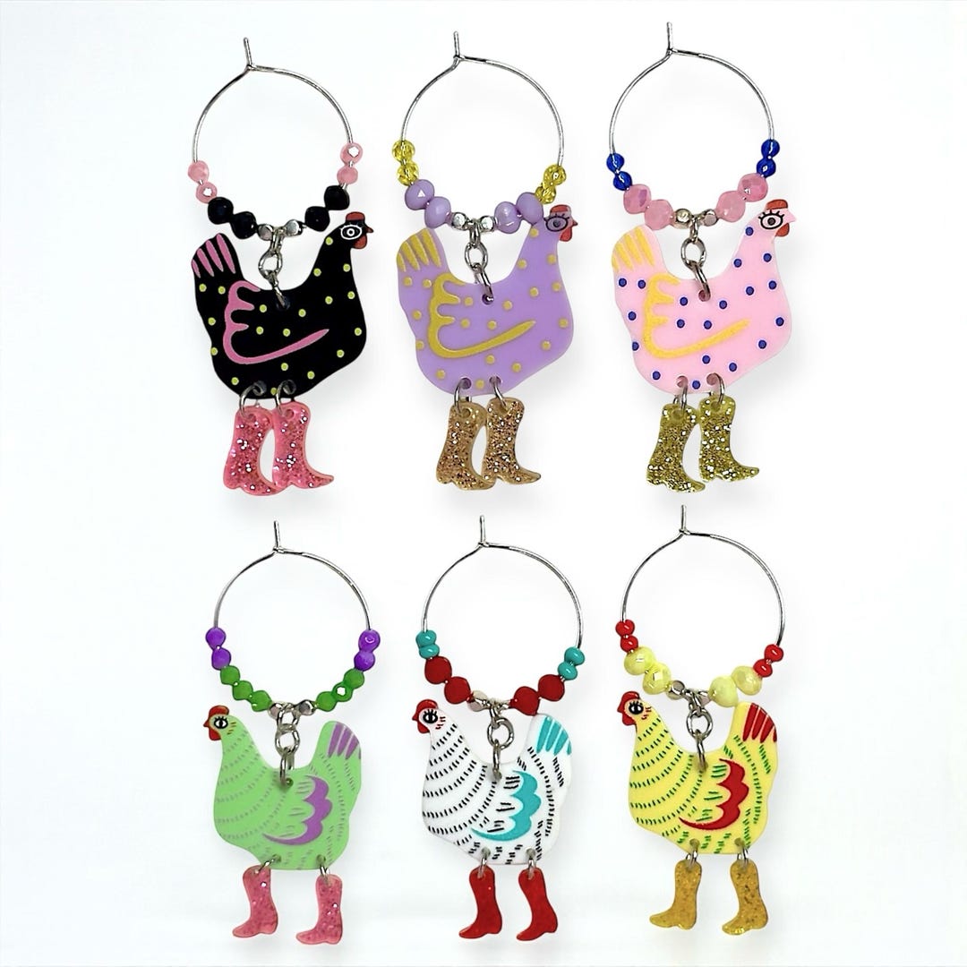 Quirky Chickens in Fancy Boots Wine Charms (Set of 3 or 6) – Fun Farmhouse Wine Accessories - Full Set (All 6)