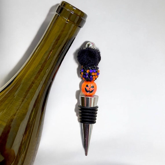 Fuzzy Jack O' Lantern Wine Stopper: Halloween Beaded Bottle Decoration