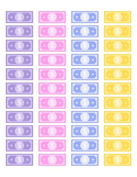 Mini Printable Play Money for Kids - Pastel Cuttable Bills in Purple, Pink, Blue, and Yellow - Pretend Play, Homeschool & Reward System PDF