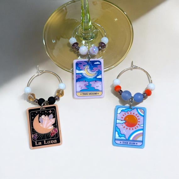 Tarot Card Wine Charms Set: Mystical Drink Markers - Sun, Moon, La Luna