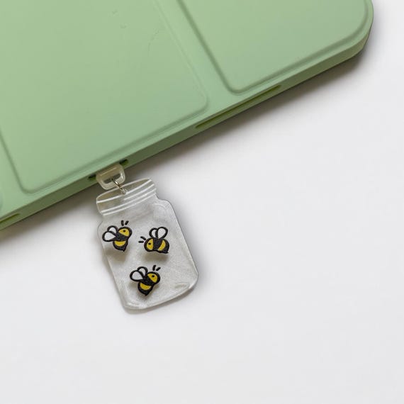 Cute Jar of Bees Dust Plug Charm - USB-C, Micro USB, Lightning Port Cover for Kindle, iPad, Tablet, or Phone
