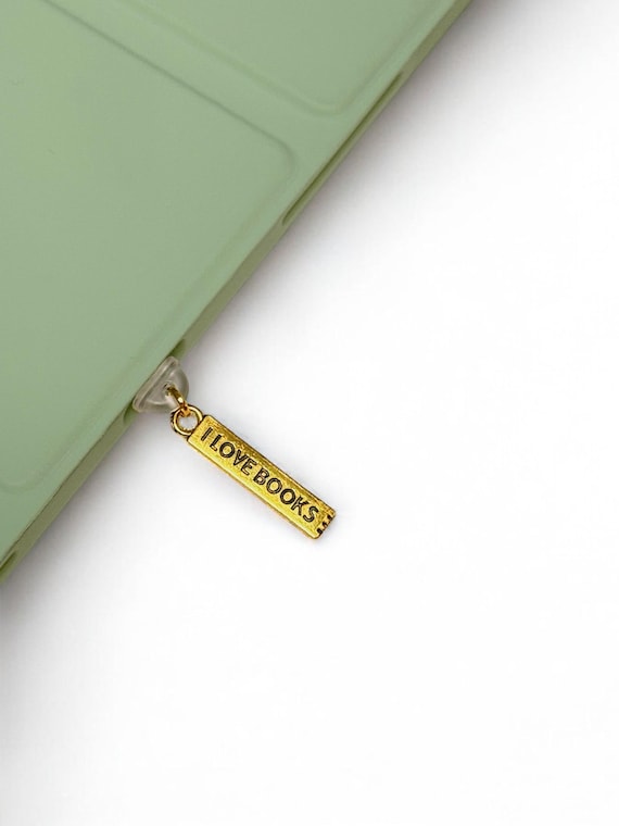 I Love Books Dust Plug Charm: Gold-Tone USB-C, Micro USB, Lightning Port Cover