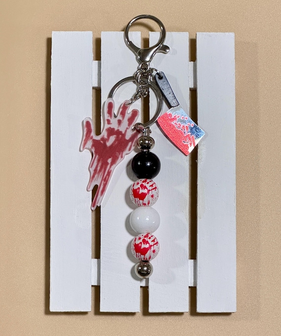 Bloody Handprint Horror Keychain with Cleaver Charm – Halloween Accessory