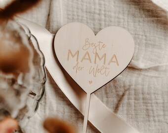 Cake Topper Muttertag Herz | Cake Topper Mama | Geschenk Mama | Blumenstecker | Holz | BESTE MAMA