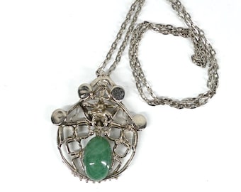 Collier brutaliste moderniste avec cabochon d'agate verte années 60