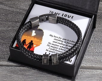 Bracelet avec nom personnalisé avec carte-cadeau, meilleurs cadeaux de tous les temps pour lui, bracelet en cuir personnalisé pour homme, plaque nominative de famille, cadeau de fête des pères