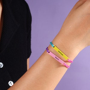 Pulsera de identificación con nombre grabado, pulsera de barra, pulsera de amistad personalizada, pulsera de pareja para su pulsera de identificación de cuerda ajustable