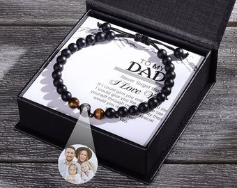 Personalized Projection Photo Bracelet Black Lava Stone Beaded Bracelet for Men Women Memorial Picture Adjustable Bracelet Father's Day Gift