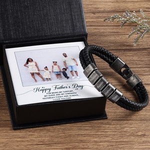 Pulsera de cuentas con nombre personalizado con tarjeta de regalo con foto, el mejor regalo para papá para él, placa de nombre de pulsera de cuero personalizada para hombres, regalo del Día del Padre