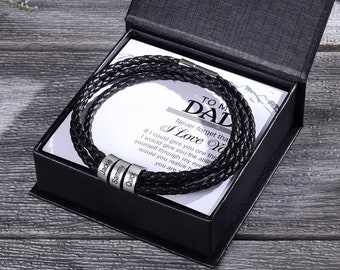 Bracelets en cuir tressé noir pour homme personnalisé 2-6 membres de la famille nom bracelet de perles pour l'amour, cadeaux personnalisés pour lui cadeau fête des pères