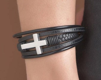 Cross Bracelet Personalized Name Multilayer Leather Bracelet for Men,Christian Gift,Confirmation Gift for him,Sideways Cross Jewelry