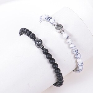 Pulsera de hombre con foto de proyección personalizada, pulsera de cuentas esmeriladas negras, pulsera de turquesa blanca, pulseras con fotos de mascotas conmemorativas ocultas