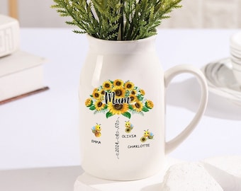 Personalized Custom Kids Name Vase for Mom,Little Bee and Sunflower Pattern Ceramic Flower Vase Home Accents Gifts for Her,Mother's Day Gift