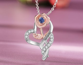 Collier de promesse de fleur rose Nom personnalisé - Collier pendentif en or rose avec pierre de naissance Cadeaux roses personnalisés pour son collier mère-fille