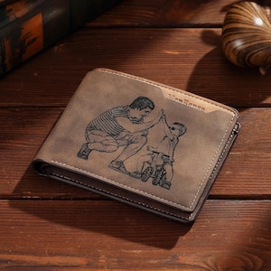 Cartera personalizada con foto para hombre, billetera delgada de cuero plegable con grabado personalizado, billetera con foto para papá y esposo, regalo del Día del Padre para él.