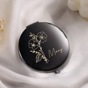 Espejo compacto de flores de cumpleaños personalizado, espejo de bolsillo de maquillaje de viaje personalizado, regalo de despedida de soltera para dama de honor, regalo de San Valentín para ella