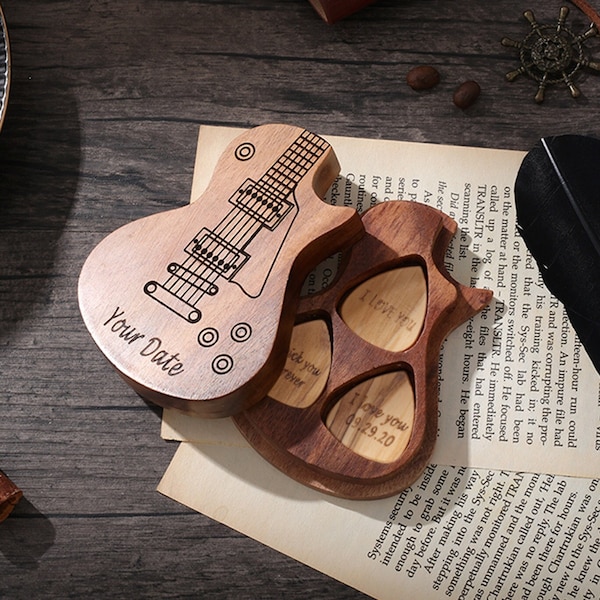 Custom 3-piece Wooden Guitar Picks with Guitar Case Holder,Guitar Picks Storage Personalized Gifts for Guitar Lovers
