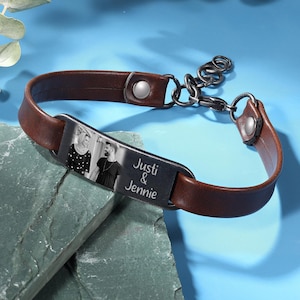 Personalized Custom Photo Bracelets for Men, Engraved Name & Picture Bracelet, Brown Leather Adjustable Bracelet, Anniversary Gift for Him