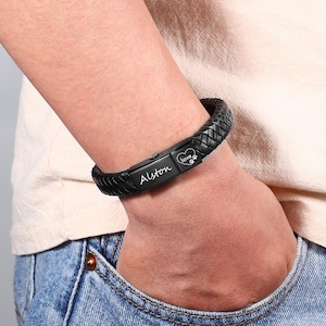 Men&#39;s Leather Cremation Bracelet, Personalized Urn Bracelet, Engraved Pet Ashes Bracelet, Keepsake Dog Cat Pet Remembrance, Loss Pet Gift